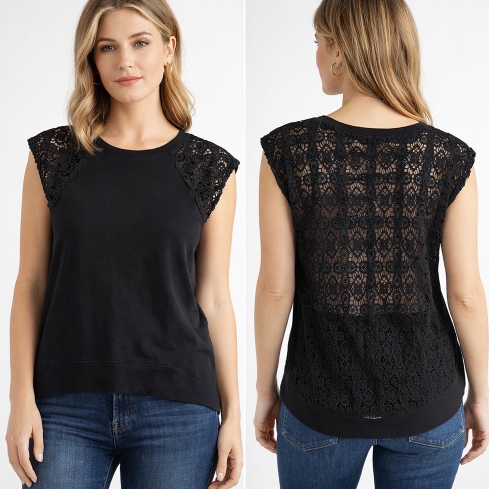PAM & GELA BLACK LACE BACK HI-LOW SLEEVELESS SWEATSHIRT TOP BOHO CHIC SIZE MED